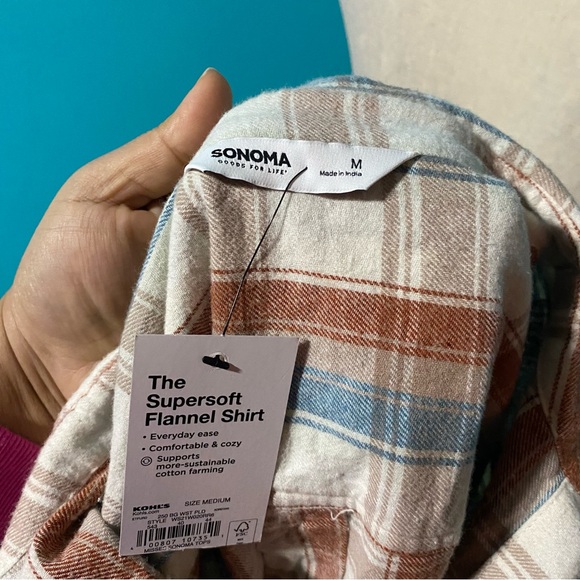 NWT Sonoma M Cream Orange Blue Plaid Supersoft Flannel Button Down Shirt - Picture 4 of 4